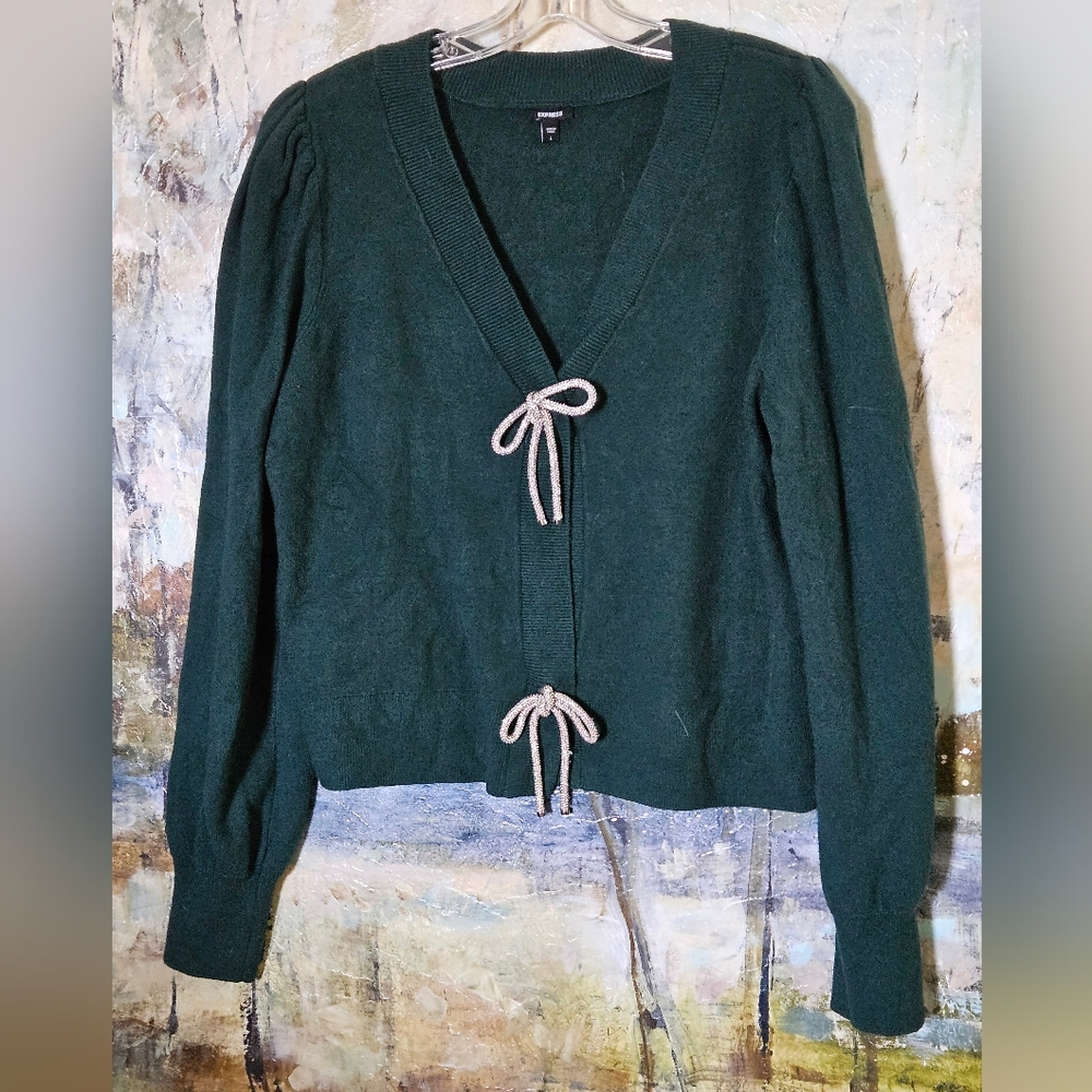 Express V-Neck Embellished Bow Cardigan Sweater in June Bug Green/Teal W's Sz L
